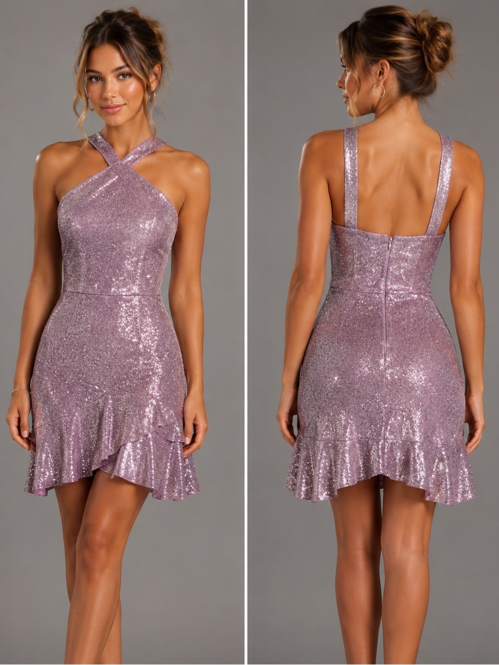 BCX Silver Lavender Glitter Criss Cross Halter Ruffle Mini HOCO Dress Size 0